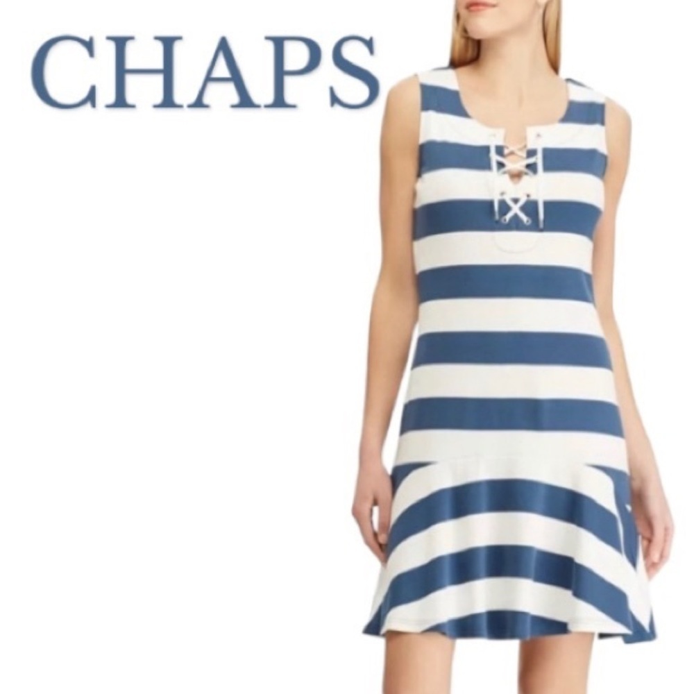 Chaps Women's Sleeveless Dress Sz Medium petit Navy Blue White Striped Nautical